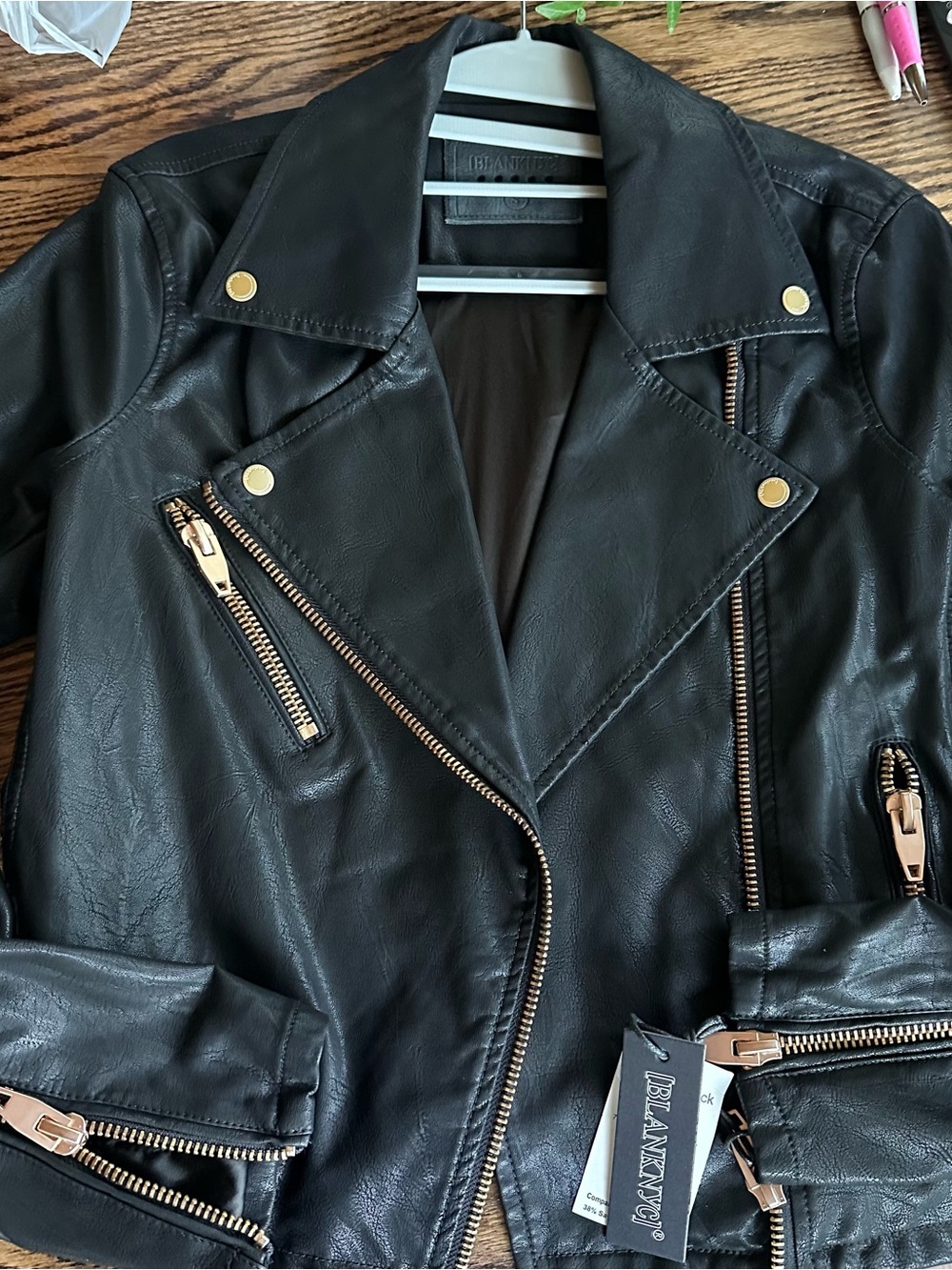 NWT Blank NYC Black Faux Leather Moto Jacket with Gold Hardware